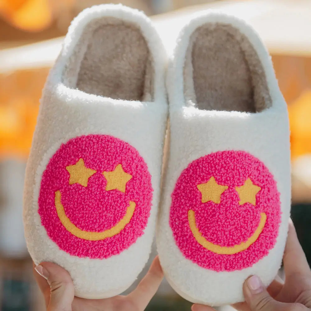 Hot Pink Star Eyed Happy Face Slippers S/M