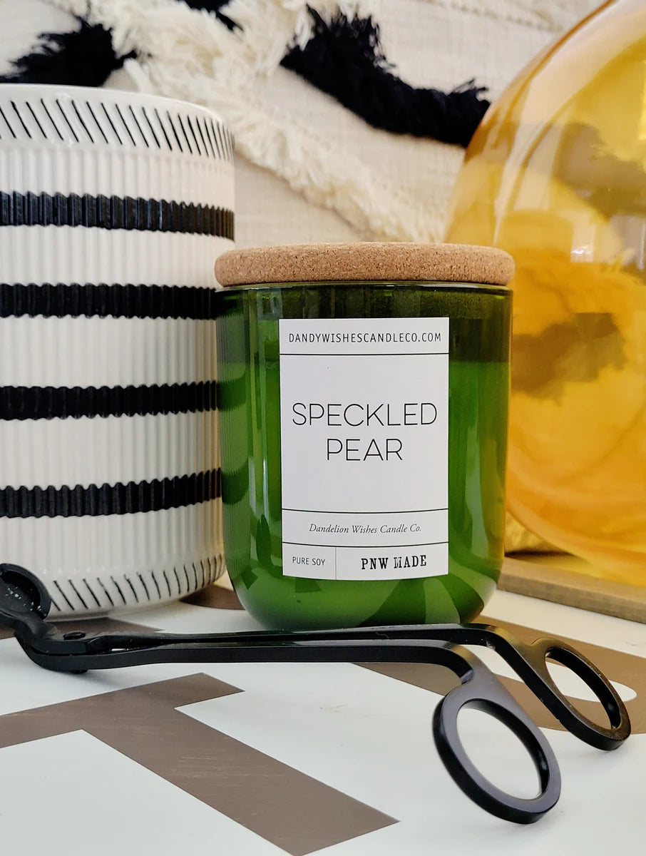 Speckled Pear green glass jar candle