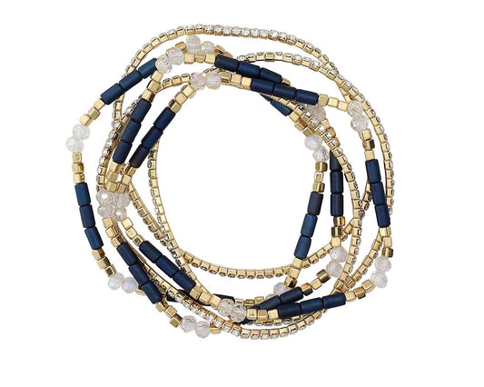 6-Strand Crystal and Navy Beaded Stretch Bracelet