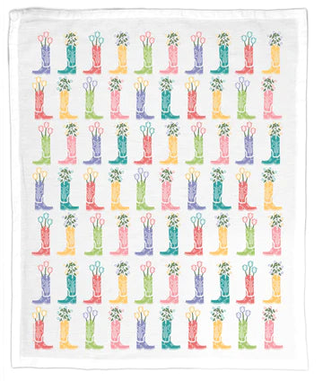 Boots and Flowers tea towel