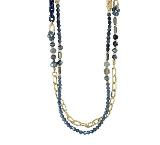 Gold links with faceted sapphire blue glass crystals