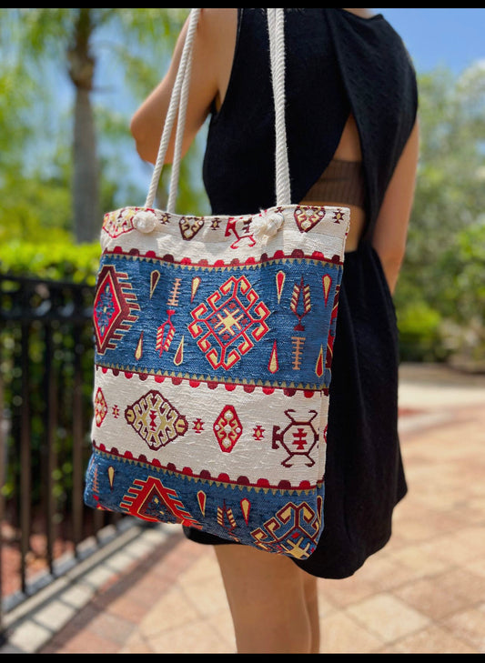 Rug design tote, fabric shoulder bag