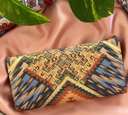 Woven Fabric Double Folded Wallets for Women Rug and Boho Designs