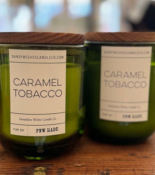 Caramel Tobacco green glass jar candle