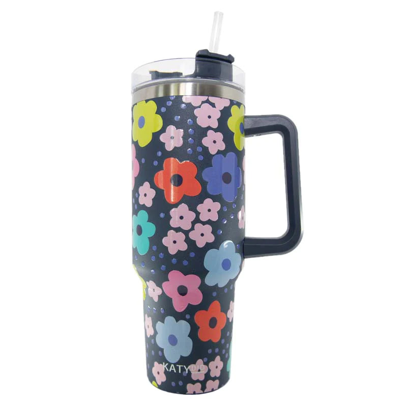 Navy Daisy  Tumbler Cup with Handle by KatyDid