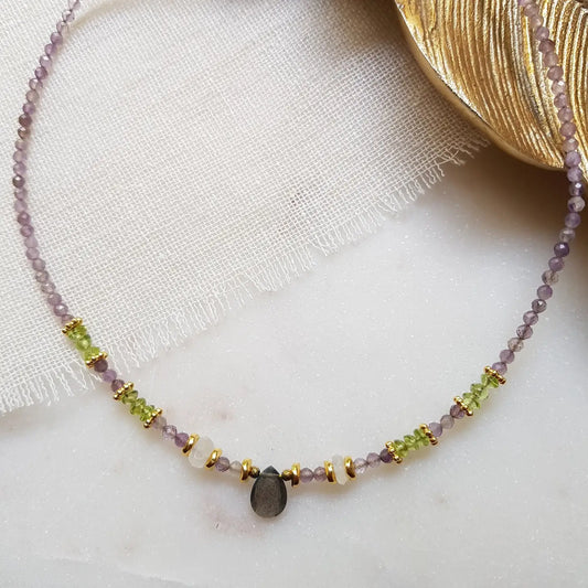 Necklace Labradorite, Amethyst, Peridot - Elyna