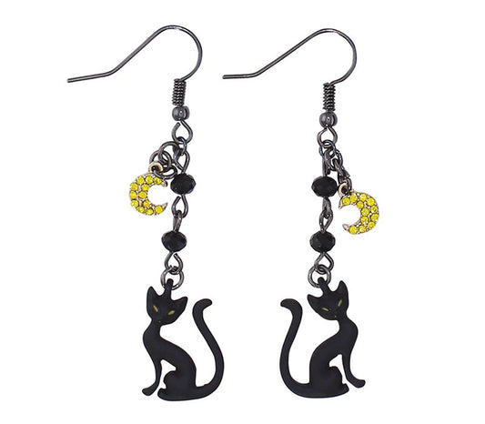 Black Cat with Crystal Moon Earrings