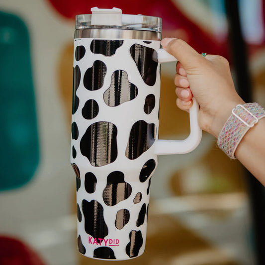 BLACK/WHITE COW PRINT INSULATED TUMBLER CUP WITH HANDLE