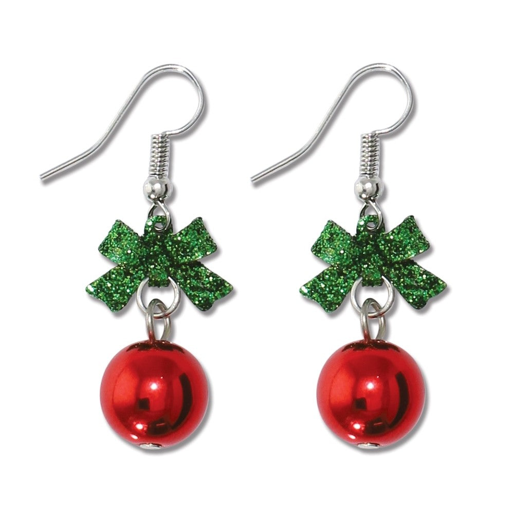 Green bow red ornament earrings