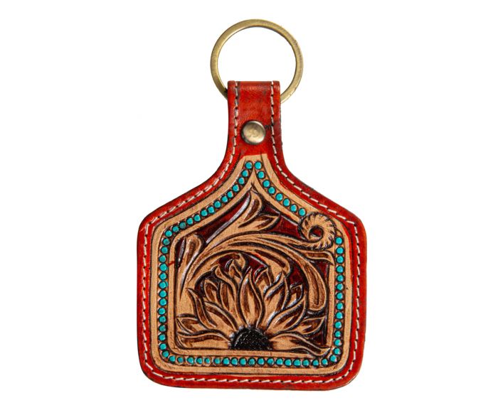 Gilded Sunflower Hand-Tooled Key Fob