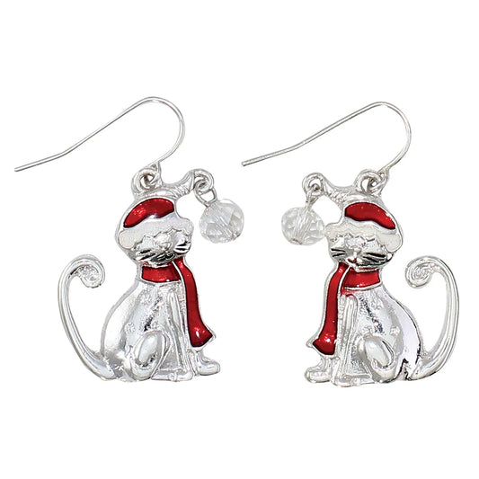 Santa hat silver cat earrigns